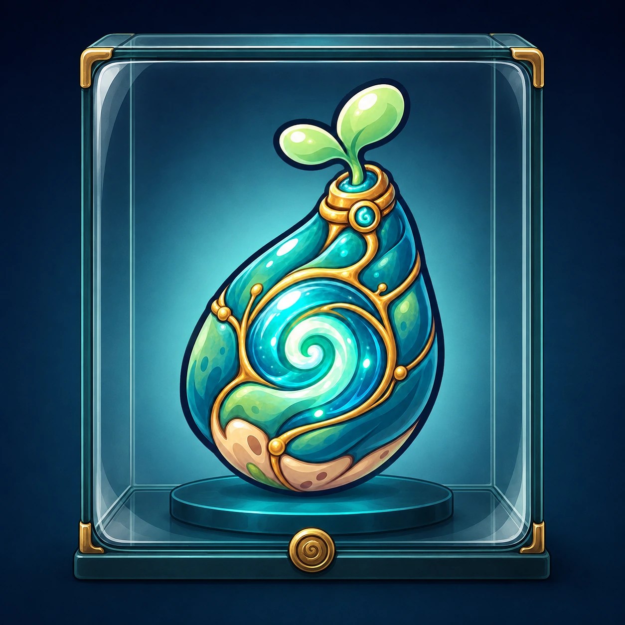 A turquoise-and-gold Taboshi seed within a glass display case, with a glowing sprout